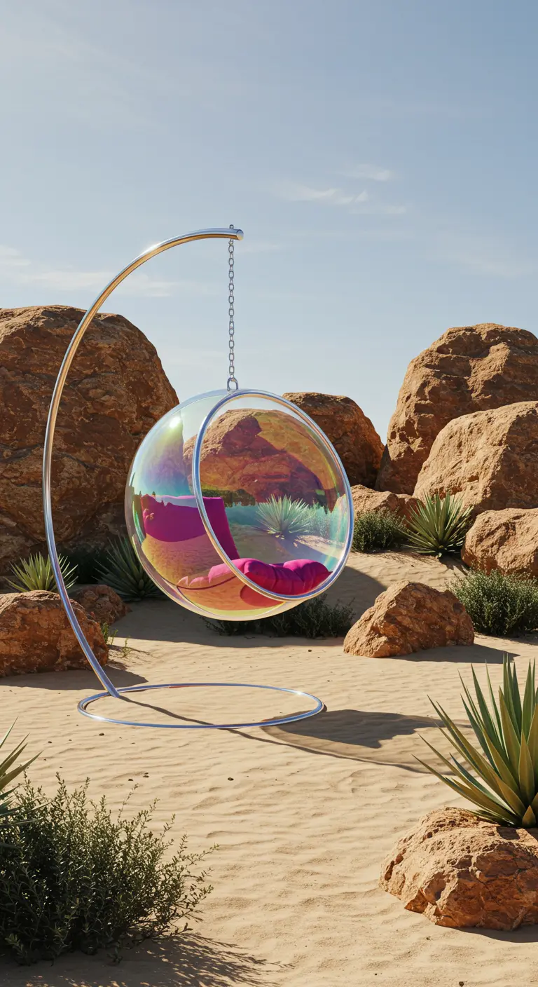 Transparante, iriserende 'bubble' hangstoel met roze kussens in een woestijn.