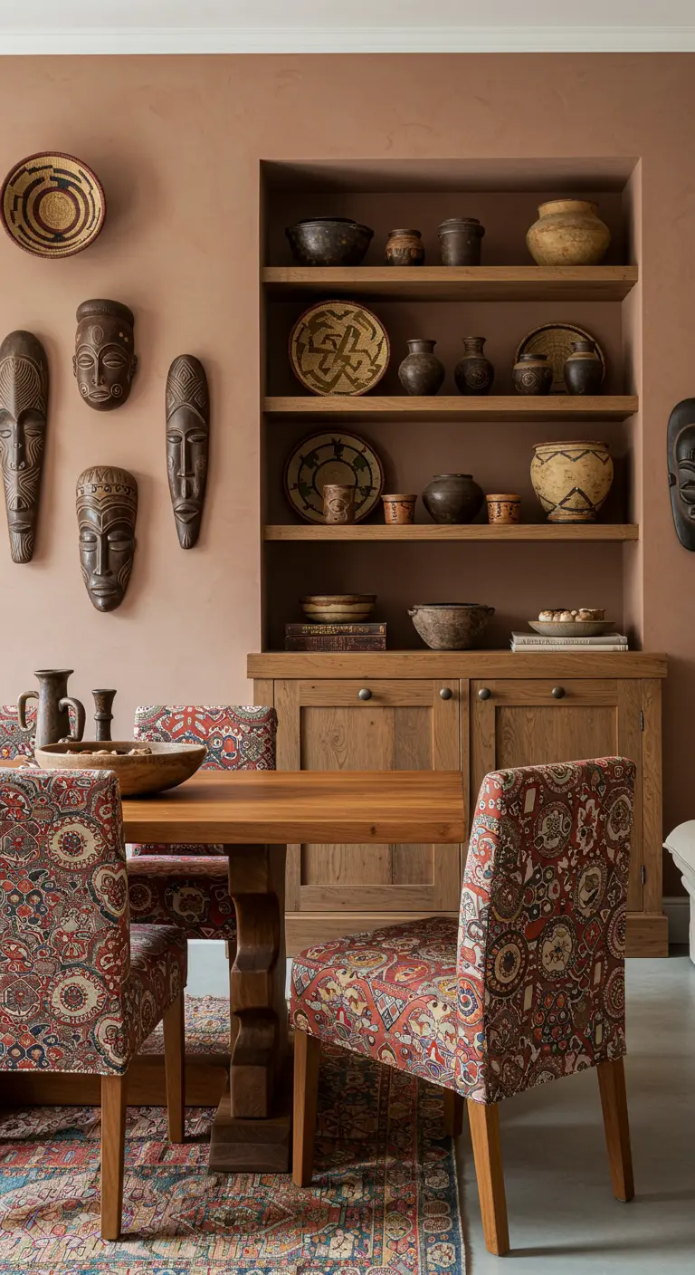 Eetkamer vol etnische invloeden, met houten maskers, aardewerk en stoelen met patronen.