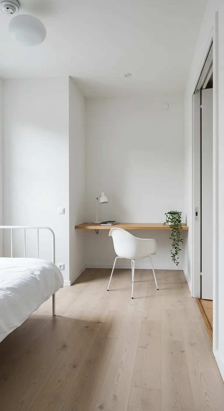 Witte slaapkamer met ingebouwd houten bureau in nis, witte stoel en kleine plant.