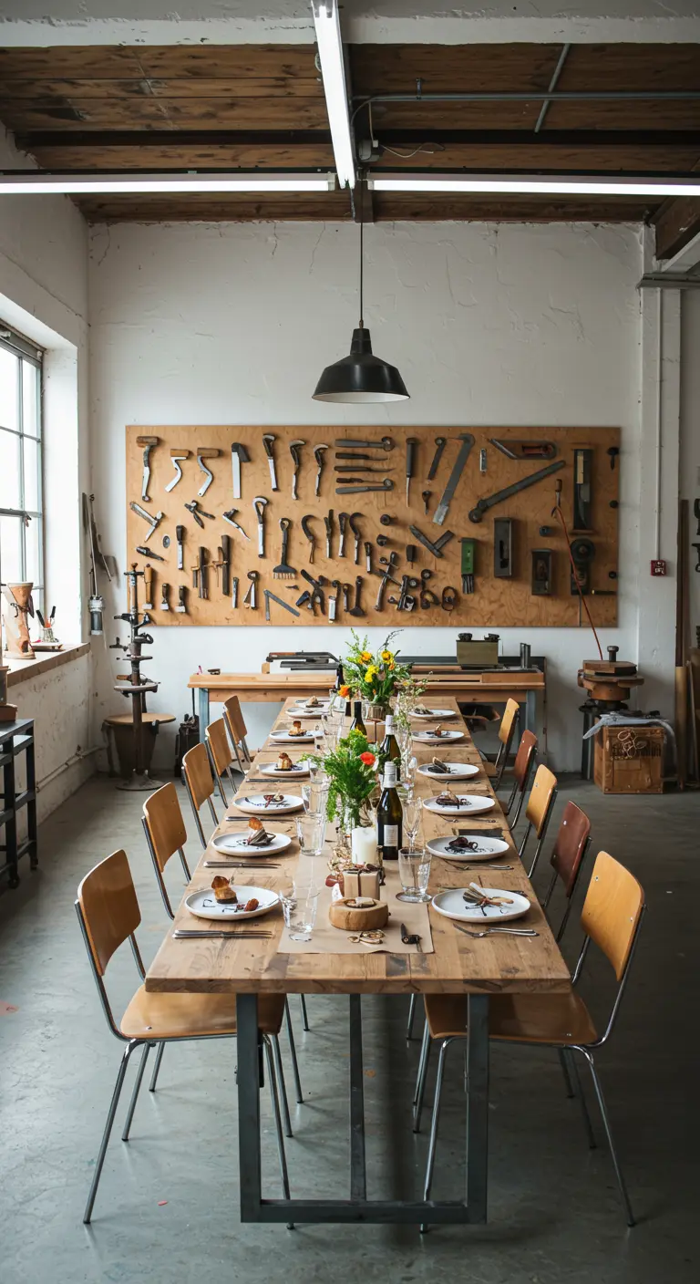 Lange dinertafel in een werkplaats, met een grote wand vol netjes opgehangen gereedschap.