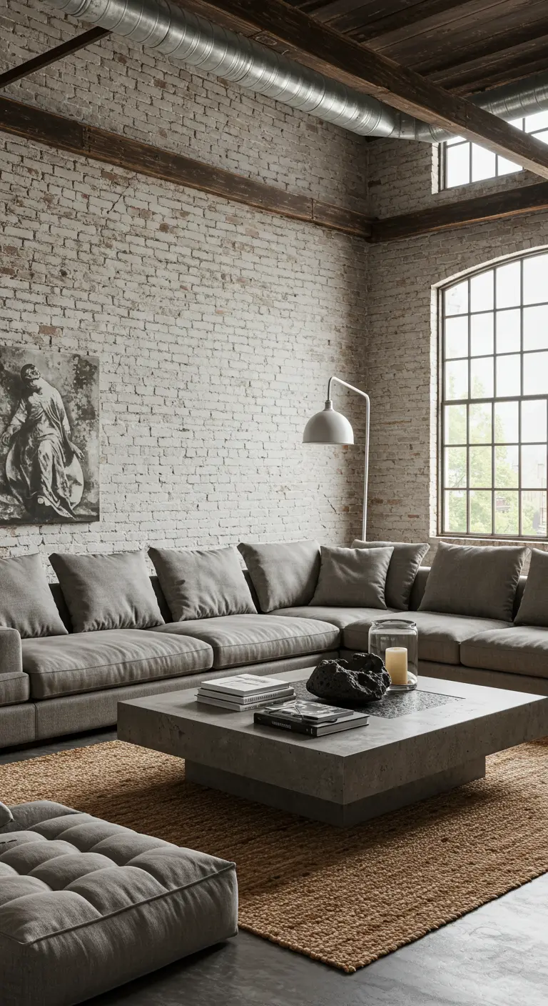 Loft-woonkamer met een witgekalkte bakstenen muur en een grote grijze hoekbank.