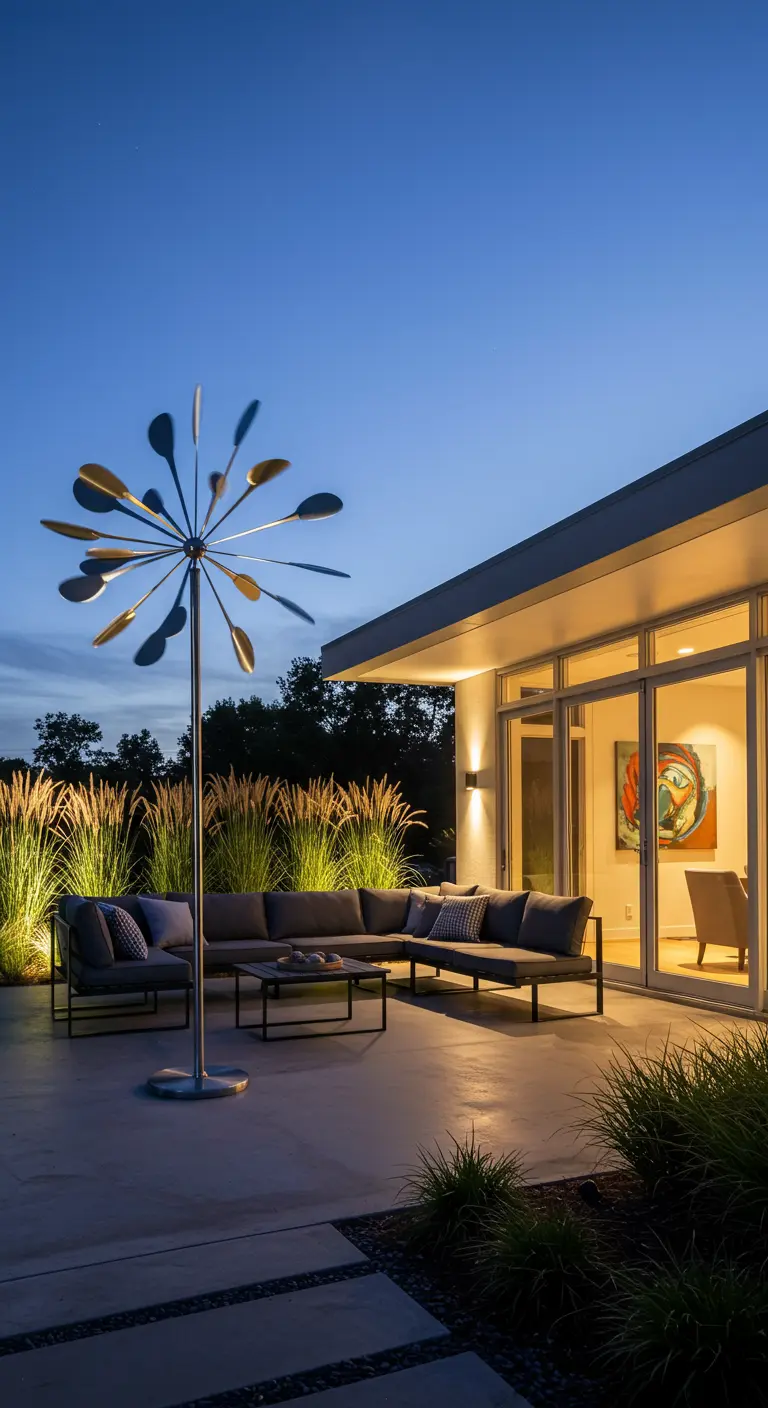 Moderne metalen windsculptuur op een verlicht terras bij schemering.