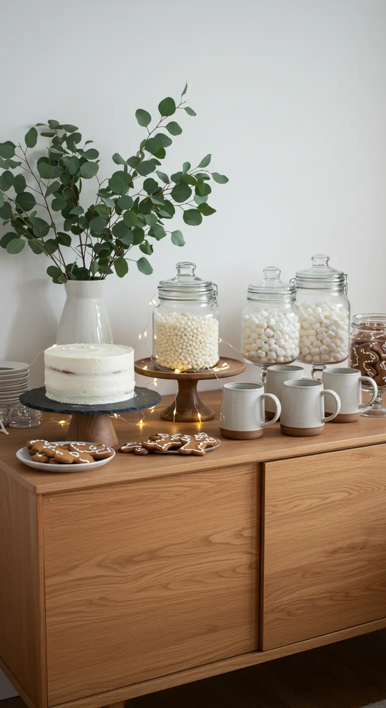 Buffet met warme chocolademelk, taart en potten met marshmallows.
