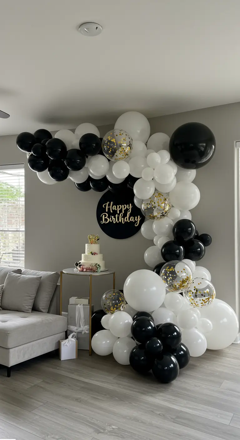 Zwart-witte ballonnenboog in een woonkamer, die een bijzettafel met een verjaardagstaart omlijst.