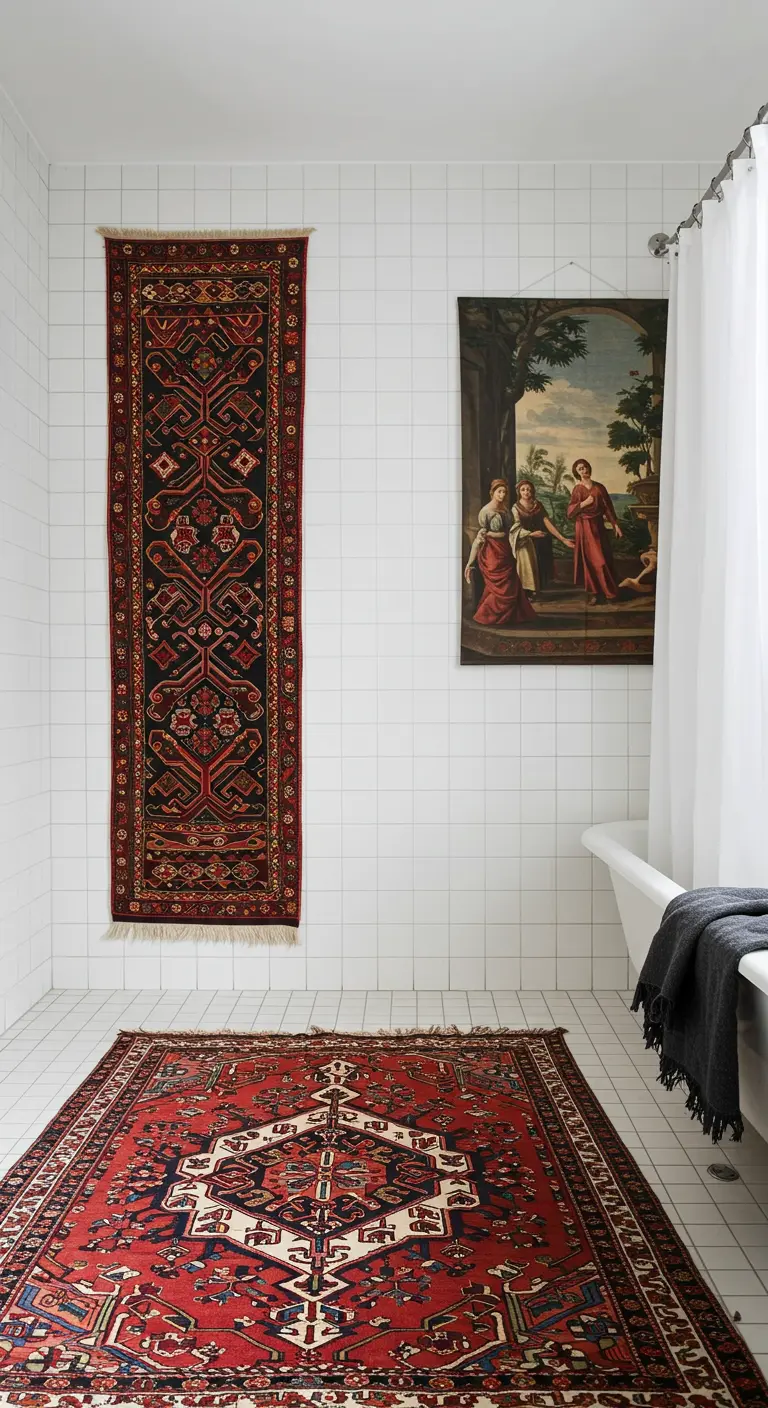 Wit betegelde badkamer met twee Perzische tapijten en een klassiek schilderij aan de muur.