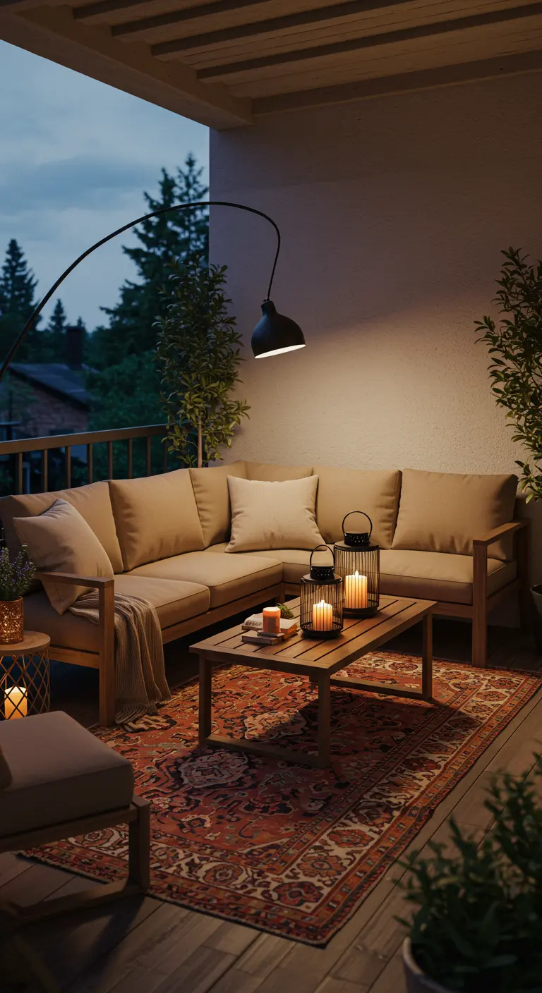 Overdekt balkon met een grote hoekbank, een Perzisch tapijt en een zwarte booglamp.