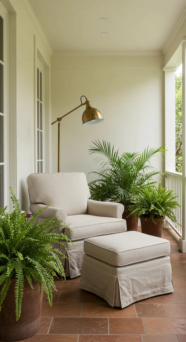 Overdekte veranda met een comfortabele fauteuil, varens in potten en een messing leeslamp.