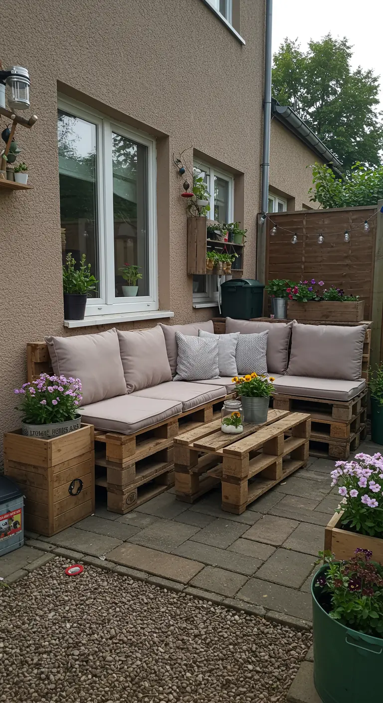 Terras met een grote hoekbank gemaakt van houten pallets en comfortabele beige kussens.