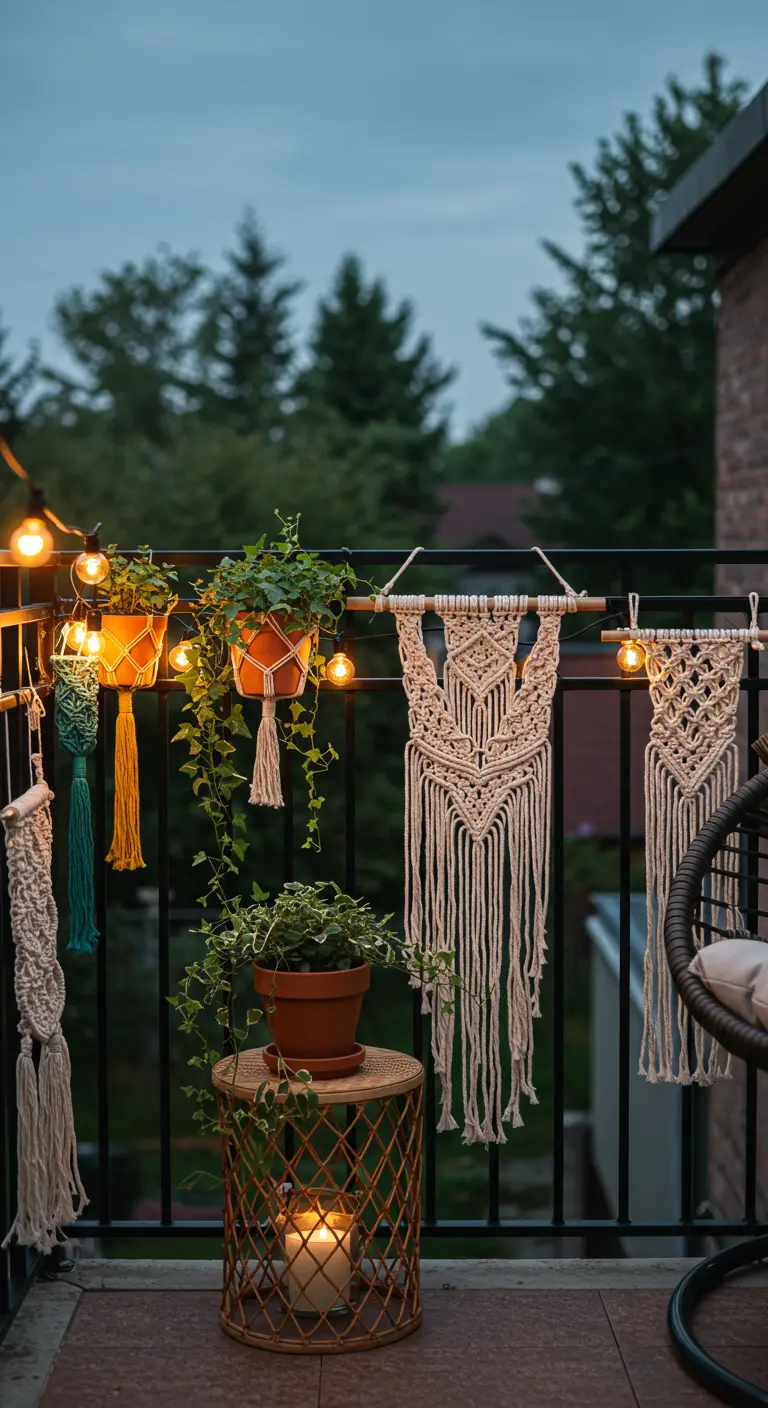Balkonhek versierd met macramé wandkleden, planten en sfeerverlichting.