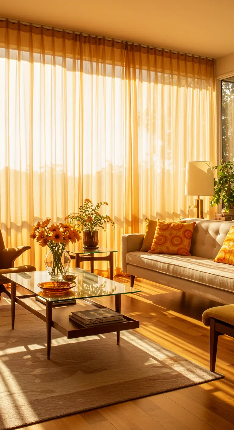 Zonnige woonkamer met oranje transparante gordijnen, lichte bank met retro kussens en glazen salontafel.