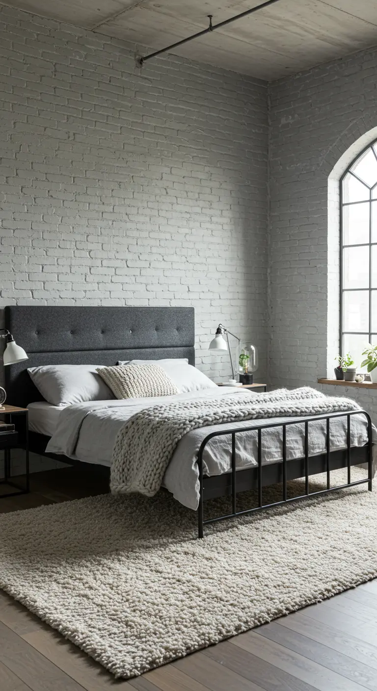 Loft-stijl slaapkamer met een witgeschilderde bakstenen muur en een dik, wollig vloerkleed.