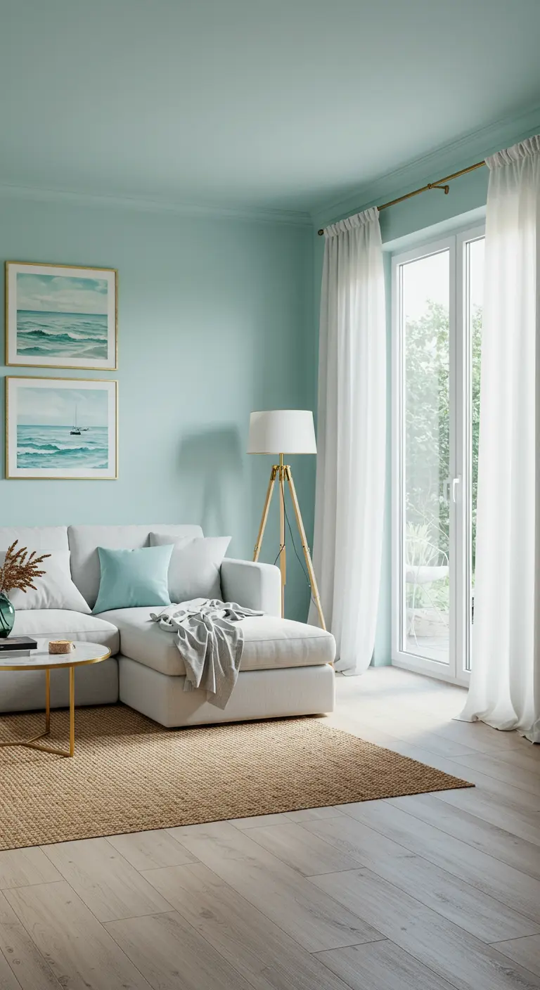 Lichte woonkamer met mintgroene muren, witte bank, jute kleed en gouden gordijnroede.