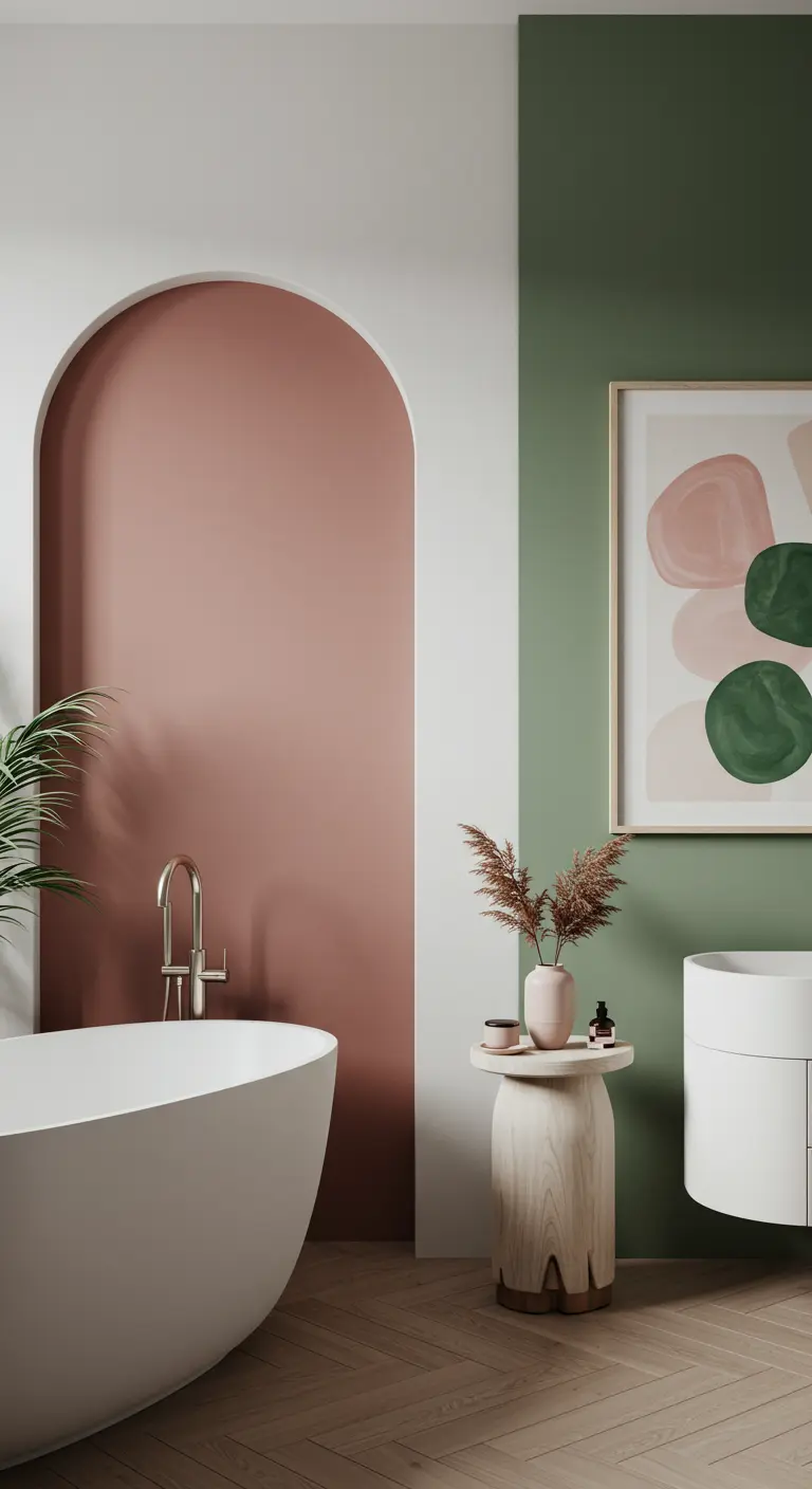 Badkamer met een geschilderde oudroze boog achter het bad en een saliegroene muur.