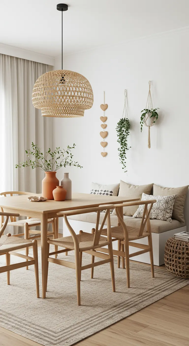 Lichte eetkamer met houten tafel, bankje met kussens en een grote rotan hanglamp.