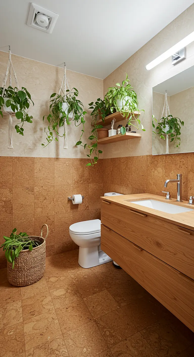 Badkamer met een vloer en halfhoge wand van kurktegels, een houten meubel en hangplanten.