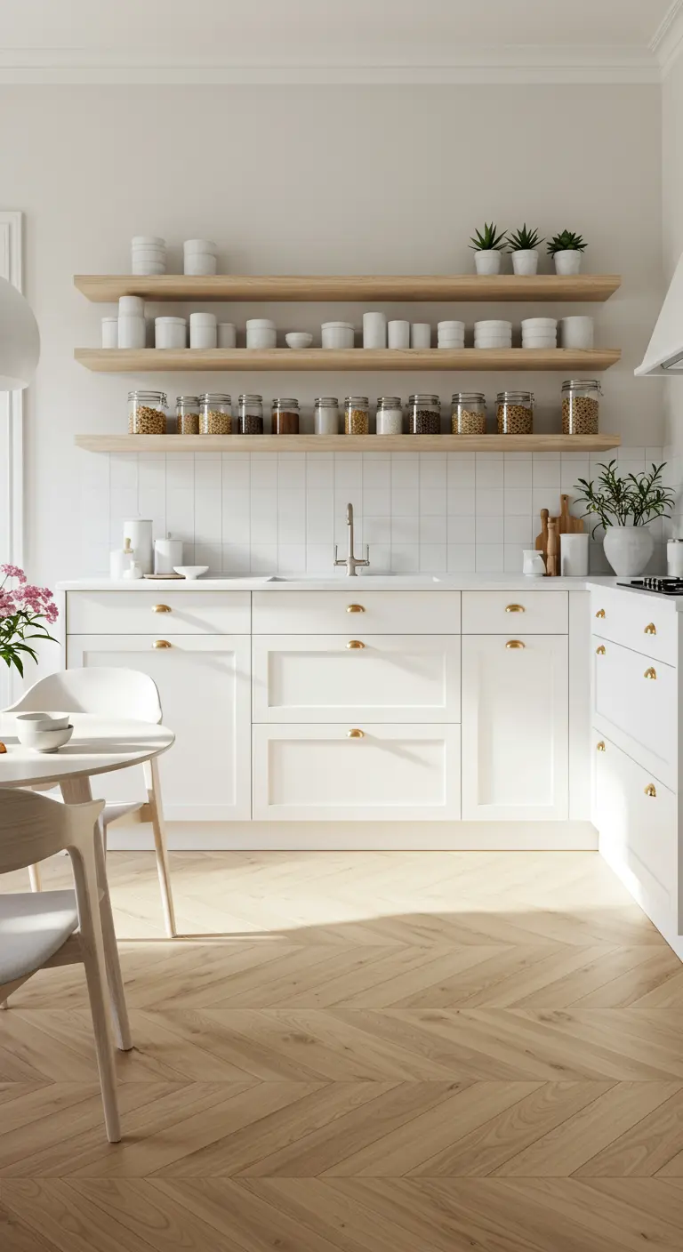 Lichte keuken met visgraatvloer, witte kasten en houten open planken met potten.