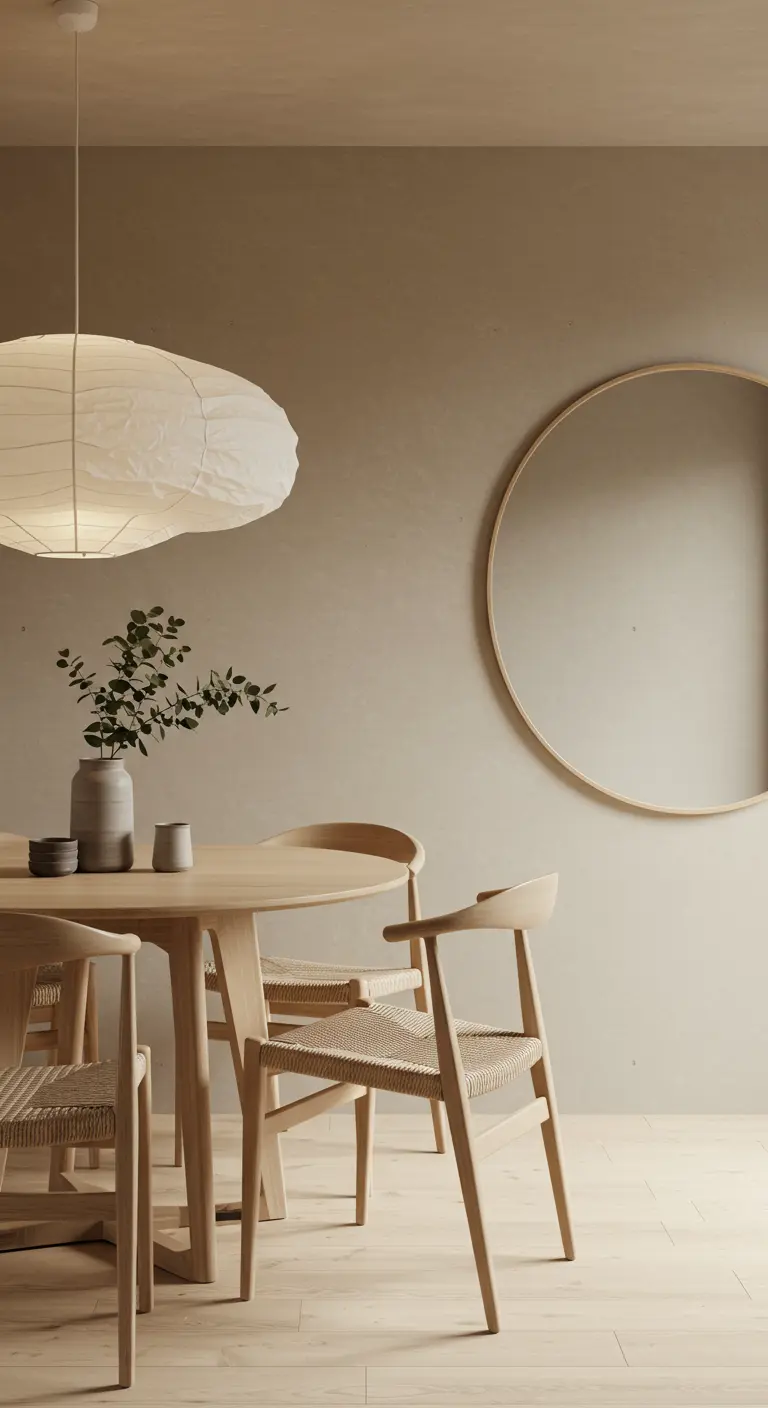 Lichte Japandi eethoek met ronde houten tafel, papieren lamp en een simpele ronde spiegel.