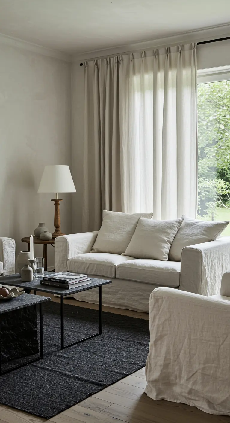 Woonkamer met witte linnen banken, donker kleed en lange linnen gordijnen.