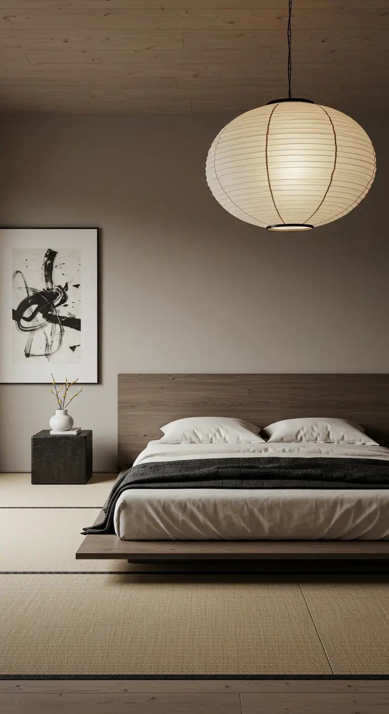 Japandi-stijl slaapkamer met een lage houten bed en een grote papieren lantaarn die erboven hangt.