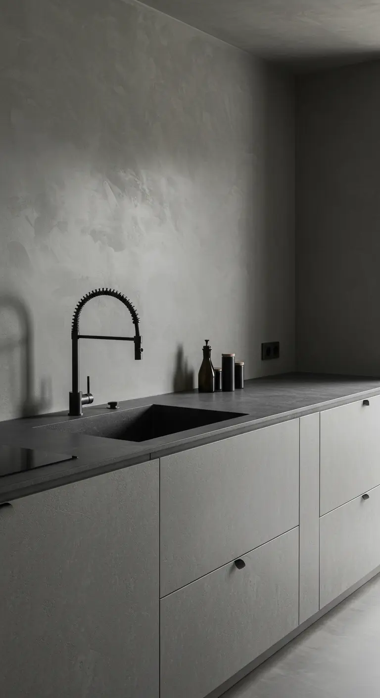 Minimalistische grijze keuken met een muur met betonlook en een opvallende zwarte kraan.