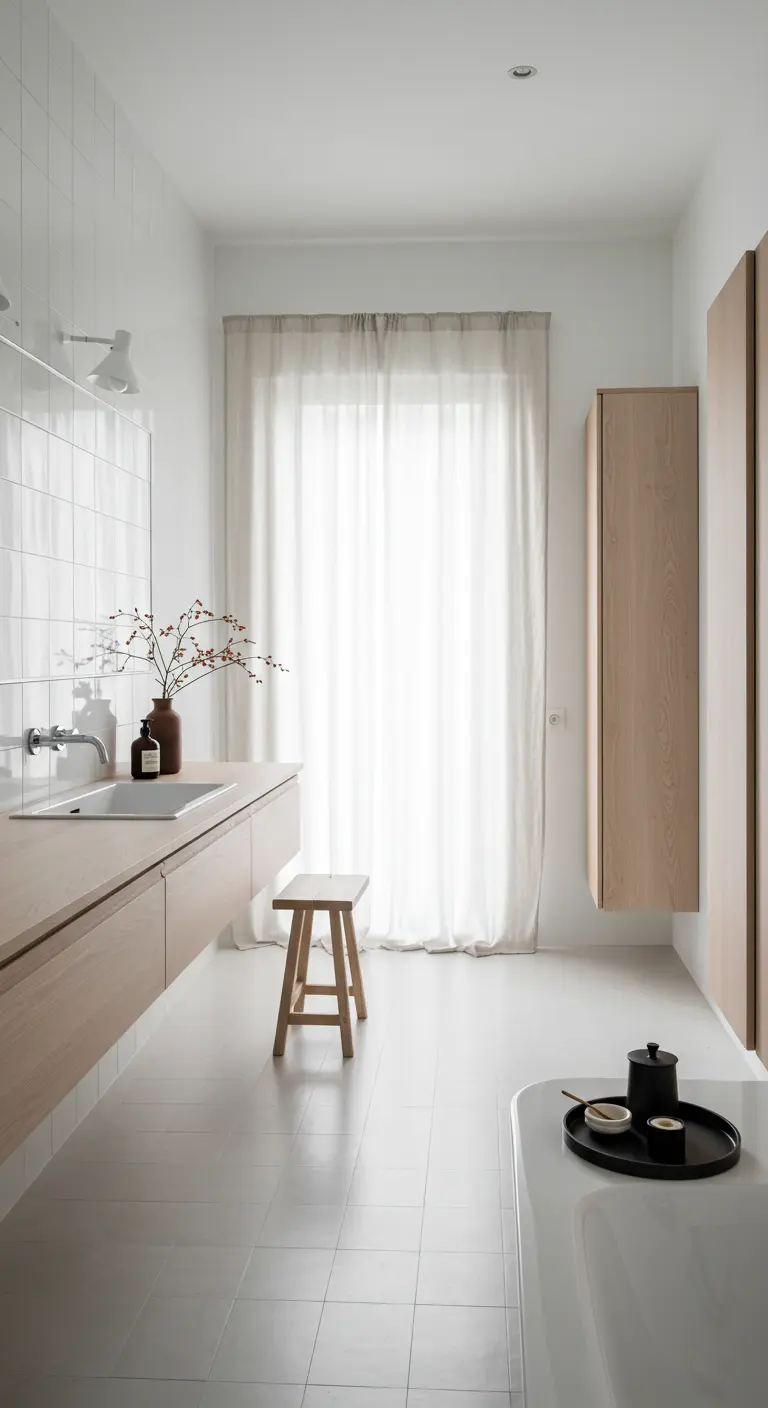 Witte, minimalistische badkamer met linnen gordijnen en een houten meubel.