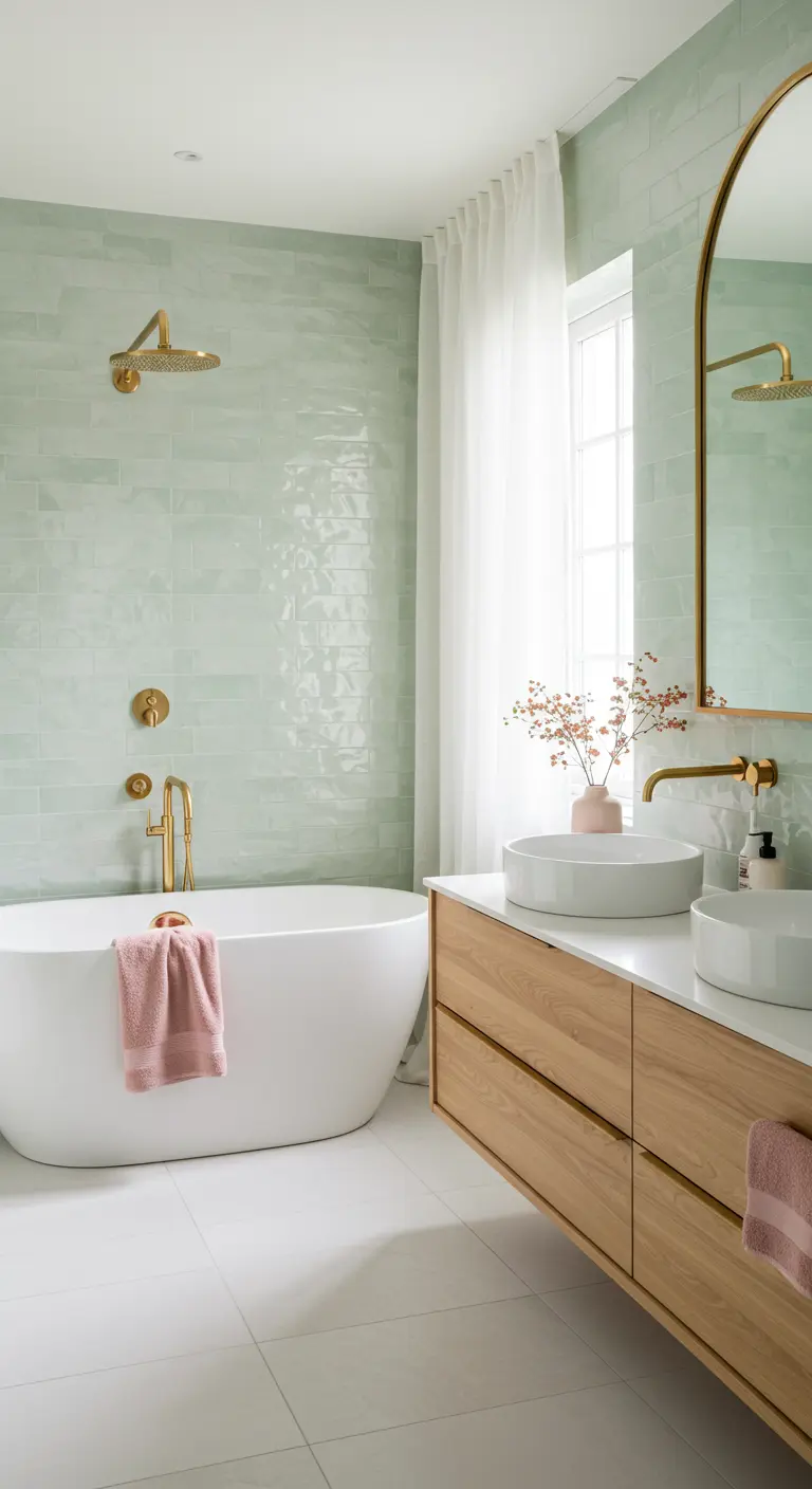 Lichte badkamer met mintgroene tegels, een vrijstaand bad en een houten wastafelmeubel.