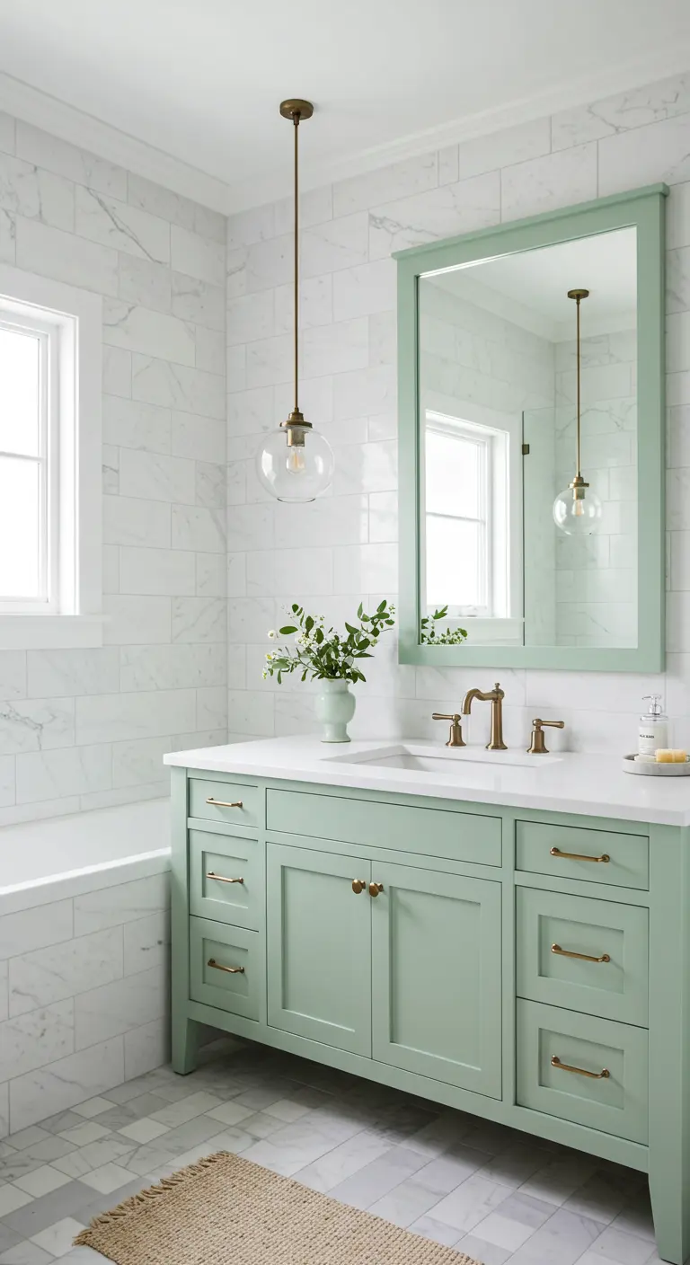 Lichte badkamer met witte marmeren tegels en een mintgroen wastafelmeubel.