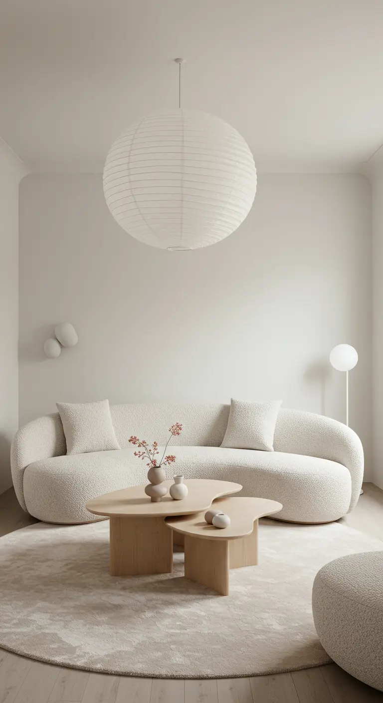 Witte woonkamer met een afgeronde bouclé-bank, organische salontafel en een grote, ronde papieren lamp.