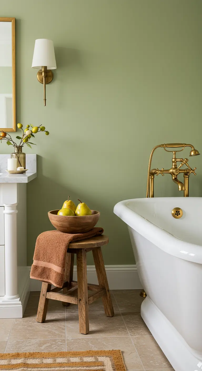 Elegante badkamer met saliegroene muren, een wit vrijstaand bad en messing kranen.
