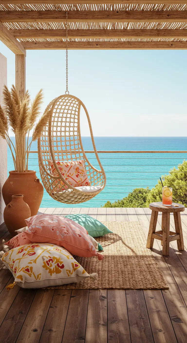 Lichte bamboe hangstoel met pastelkussens op een houten terras met uitzicht op een helderblauwe zee.