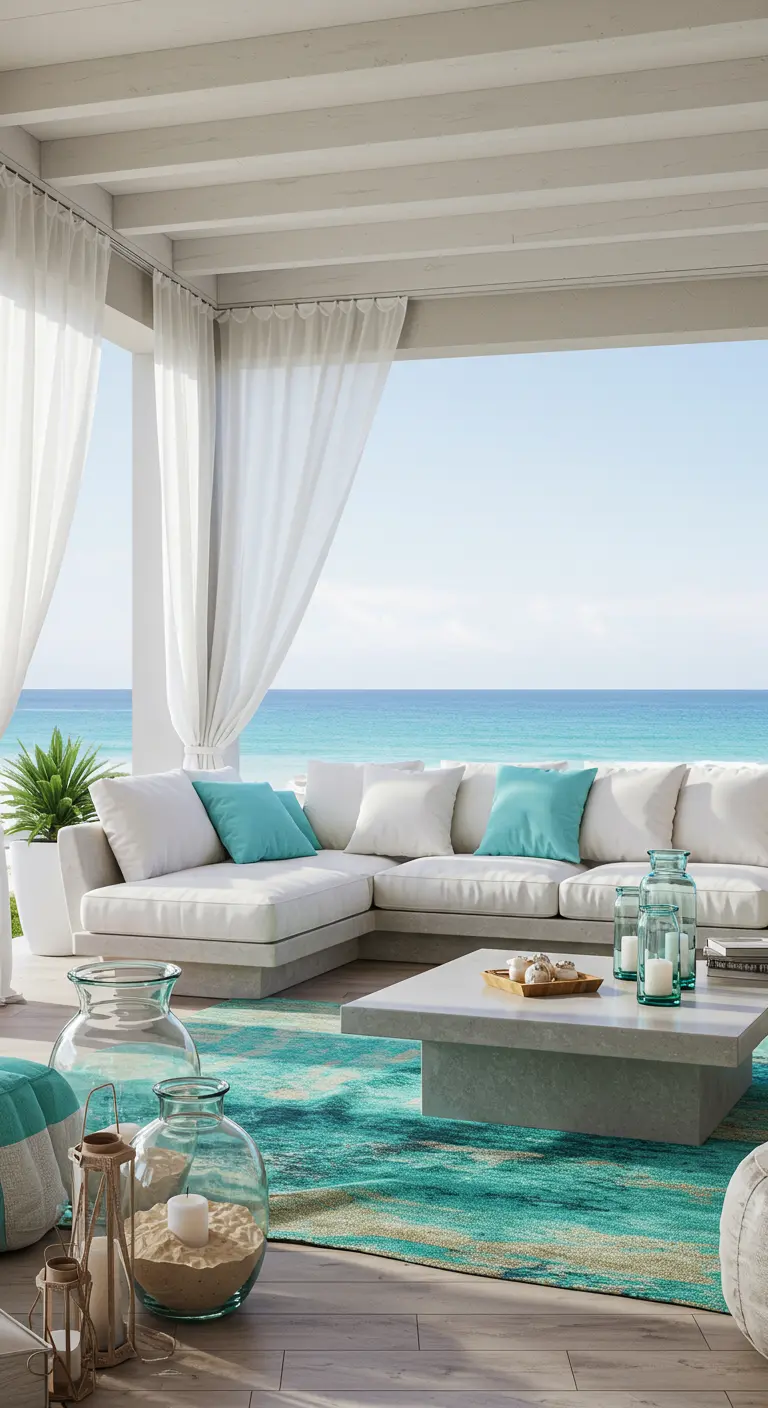 Witte loungeset met turquoise kussens en een groot turquoise vloerkleed met uitzicht op zee.