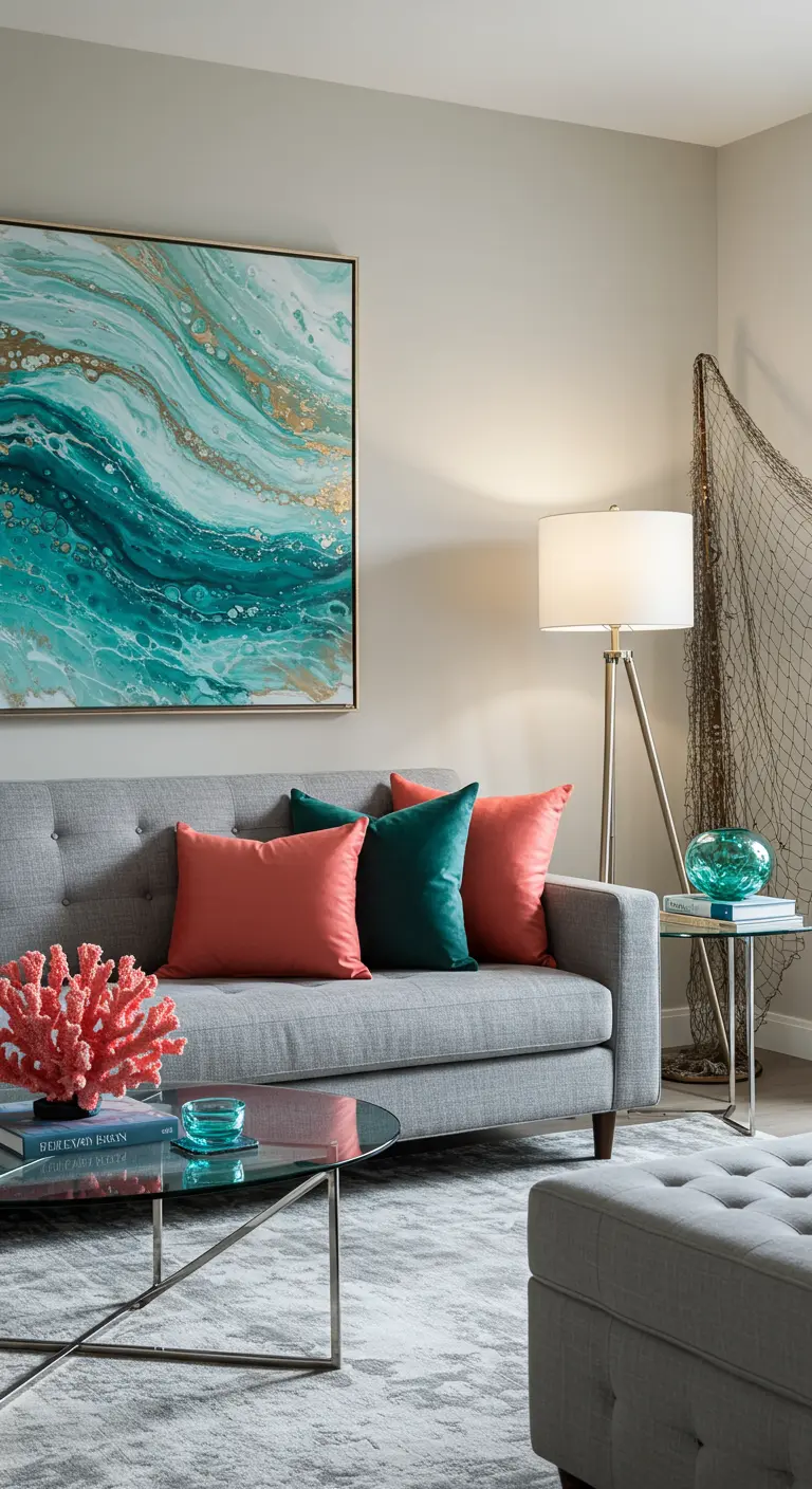 Moderne woonkamer met een grijze bank, kussens in koraal en zeegroen, en een abstract kunstwerk.
