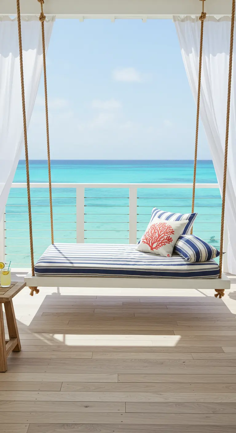 Wit houten daybed met gestreepte kussens, hangend aan dikke touwen met uitzicht op zee.