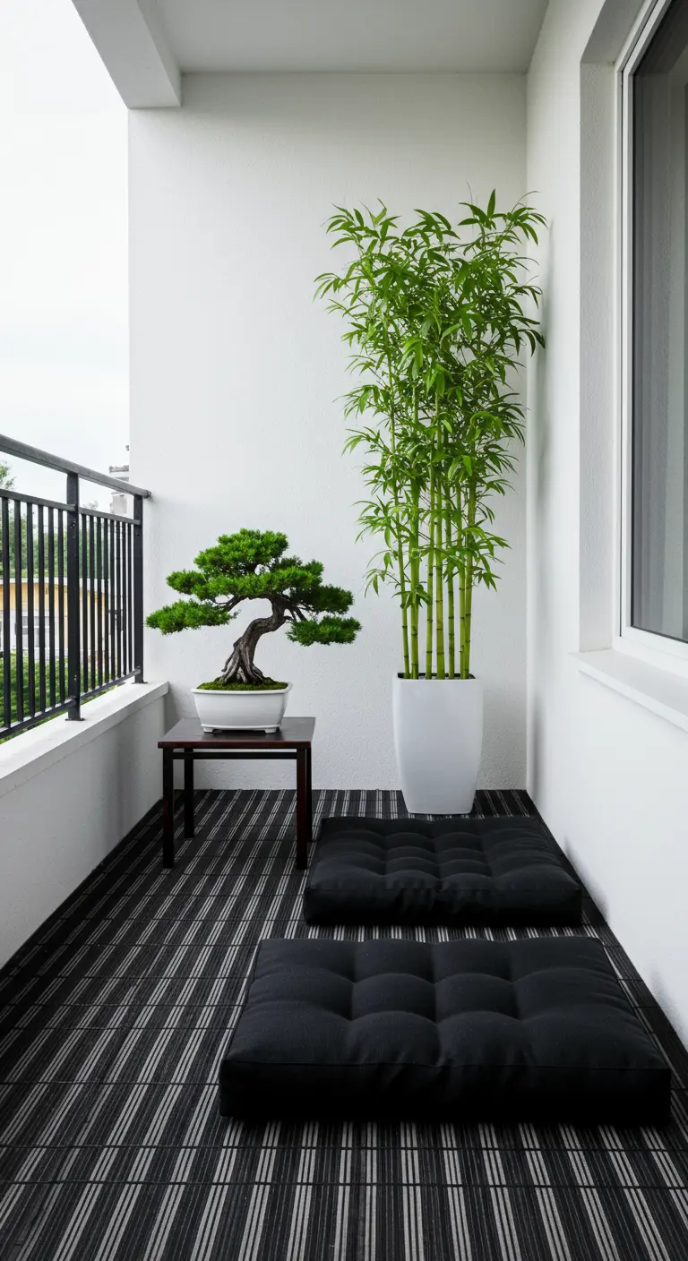 Japandi-stijl balkon met gestreept kleed, lage zwarte kussens en bamboeplanten.