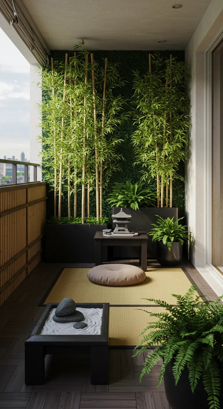 Balkon in Japanse stijl met bamboe, een tatami-mat, een mini-zen-tuin en varens.