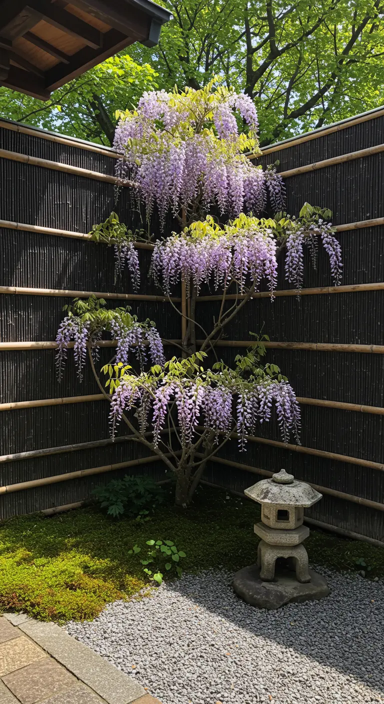 Japanse tuin met een blauweregen (Wisteria) tegen een bamboe schutting.