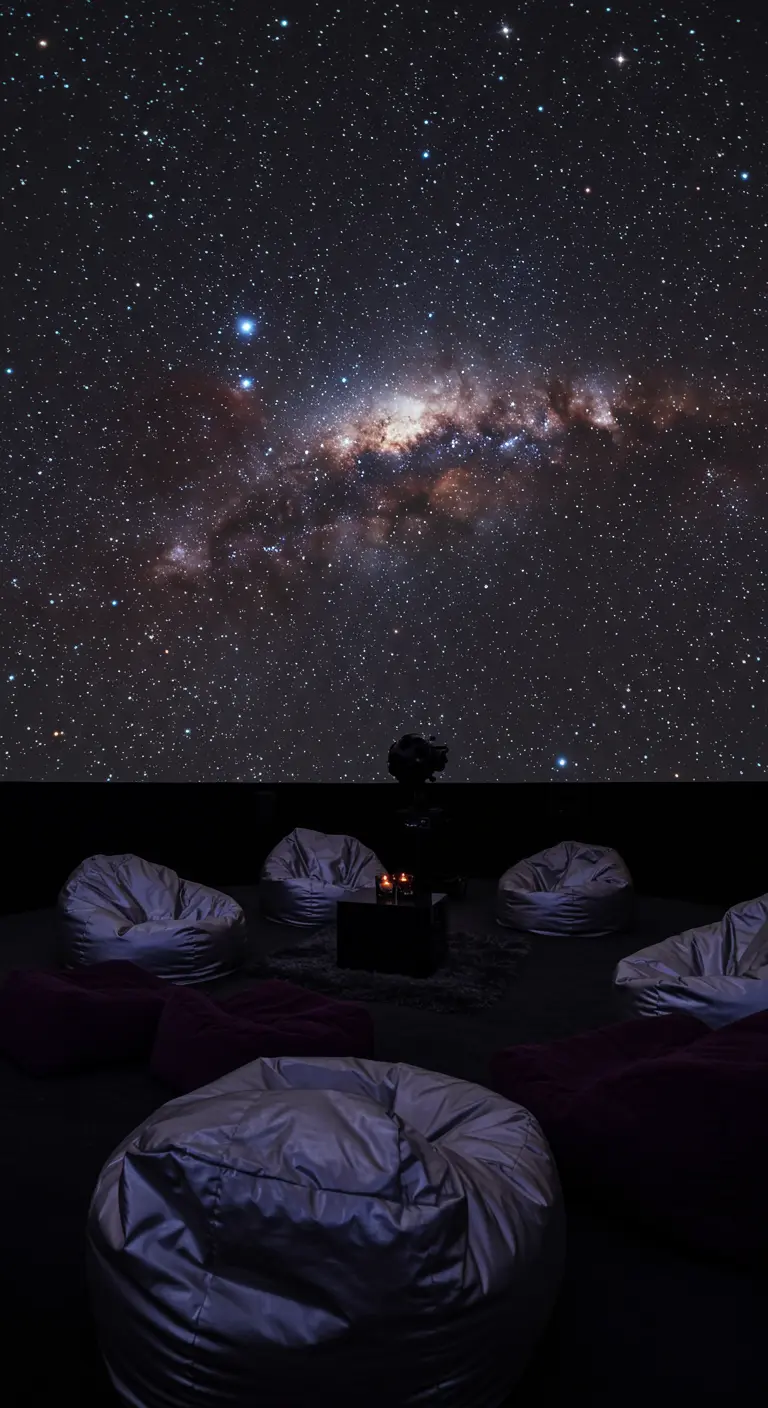 Relaxruimte met zilveren zitzakken en een projectie van de Melkweg.