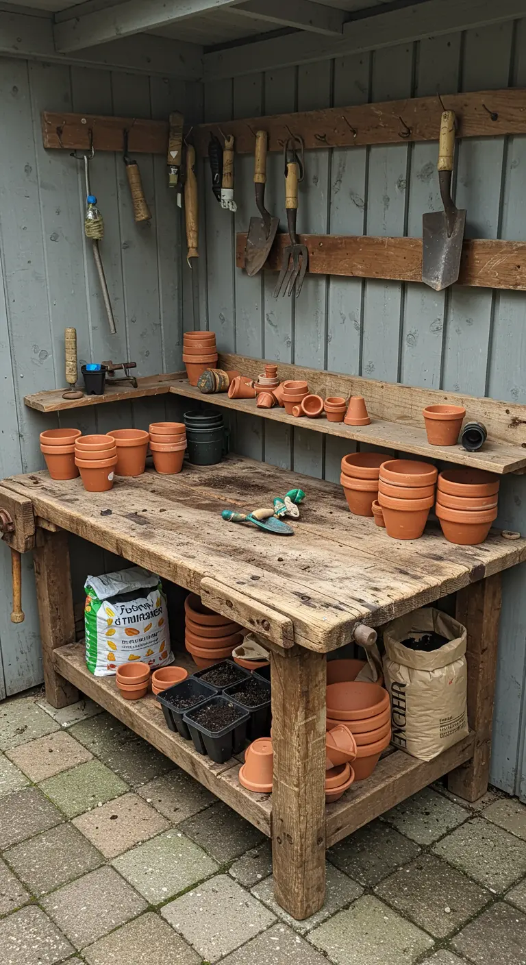 Rustieke houten werkbank in een schuur, gebruikt als oppottafel met terracotta potten.