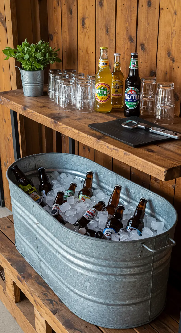 Een zinken teil gevuld met ijs en bierflesjes staat op een houten bar.