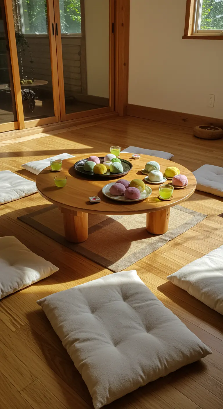 Ronde lage tafel met kleurrijke mochi en theekopjes, omringd door zitkussens.