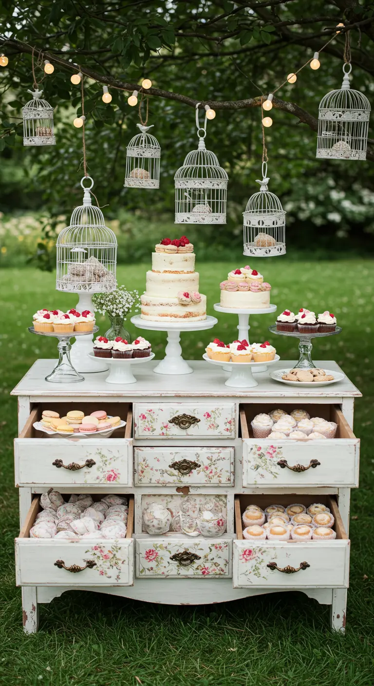 Wit vintage dressoir met open lades vol desserts en taarten, buiten in een tuin.