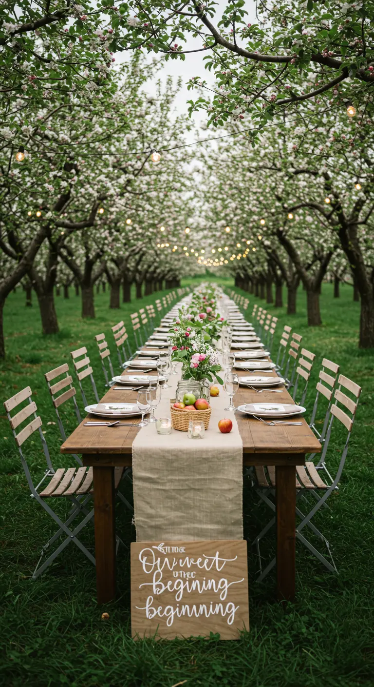 Lange dinertafel in een bloeiende appelboomgaard, met een mand appels als decoratie.