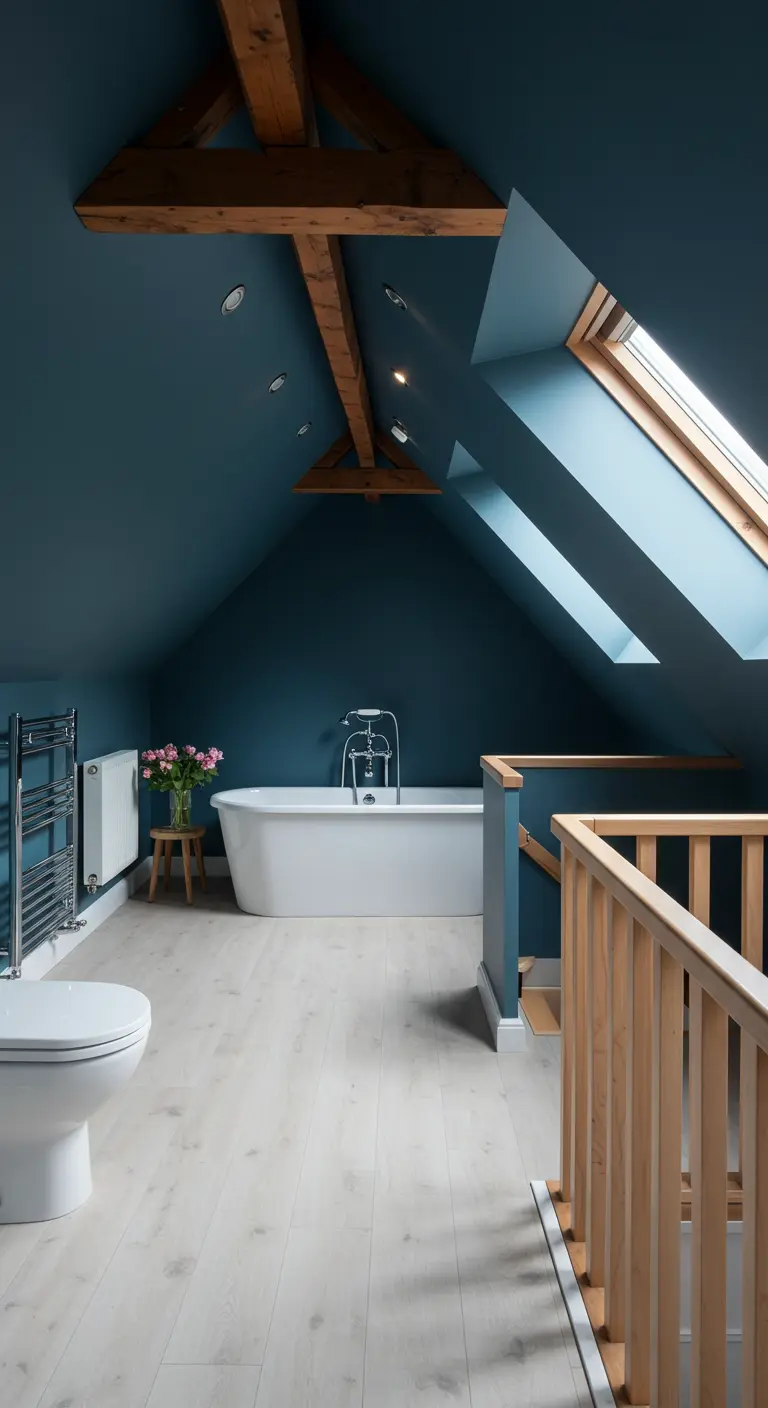 Zolderbadkamer met diepblauwe muren en plafond, houten balken en een wit bad.