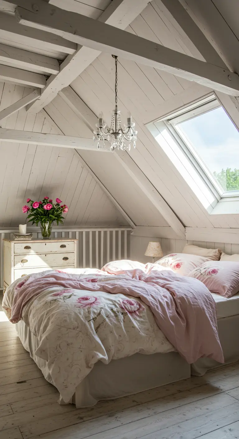 Lichte zolderslaapkamer met witte balken, een kristallen kroonluchter en roze bloemenbeddengoed.