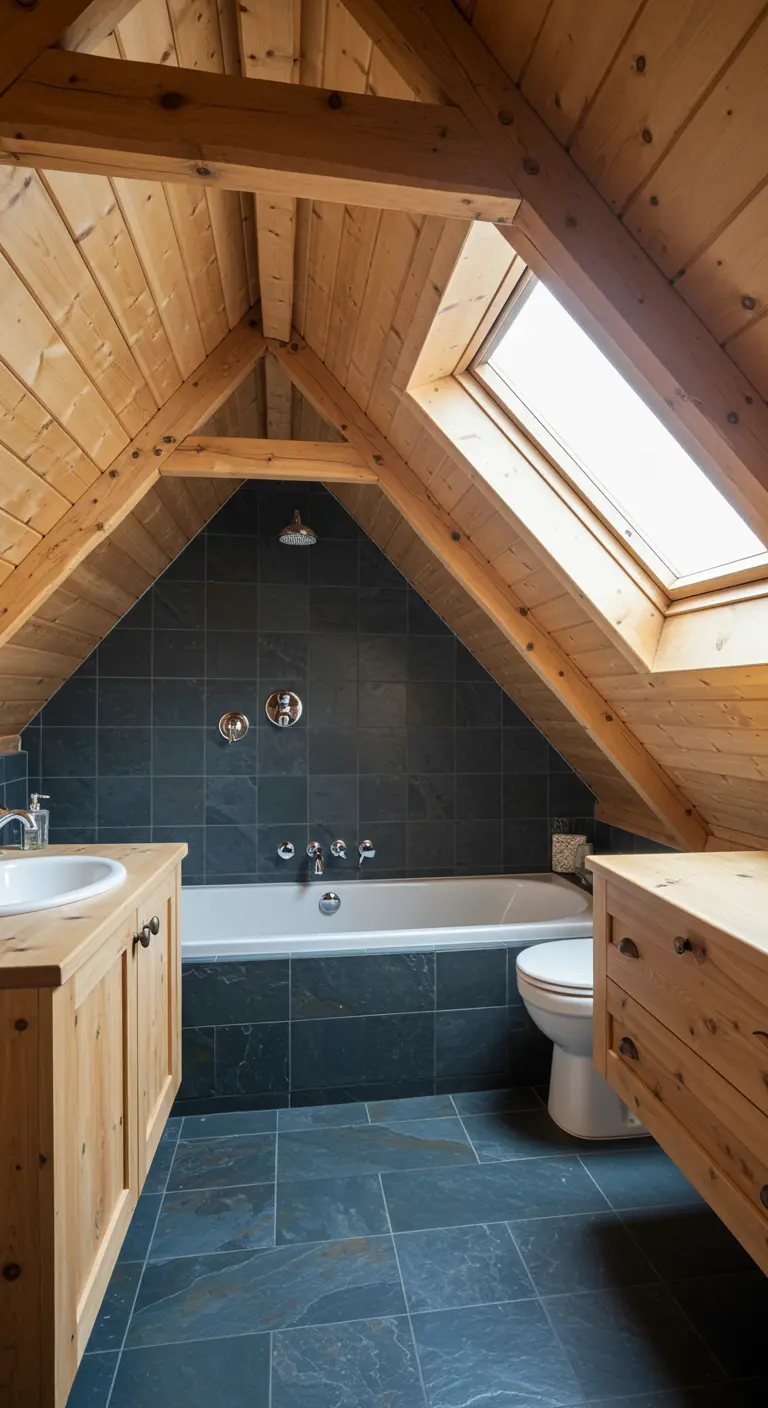 Zolderbadkamer met houten balkenplafond, donkere leistenen tegels en een bad onder een dakraam.