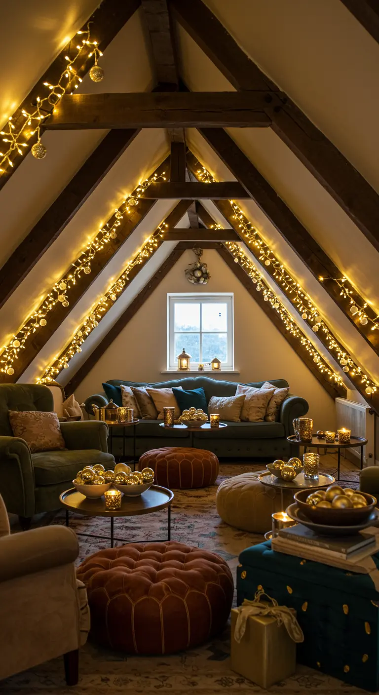 Sfeervolle zolderkamer met houten balken waarlangs lichtslingers zijn gespannen.