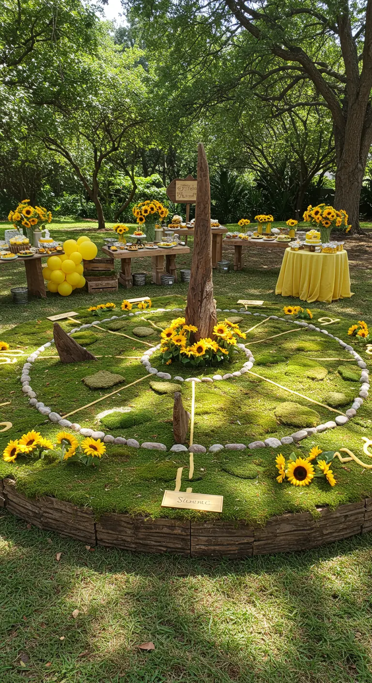 Grote cirkel van mos en stenen in de vorm van een zonnewijzer, versierd met zonnebloemen.