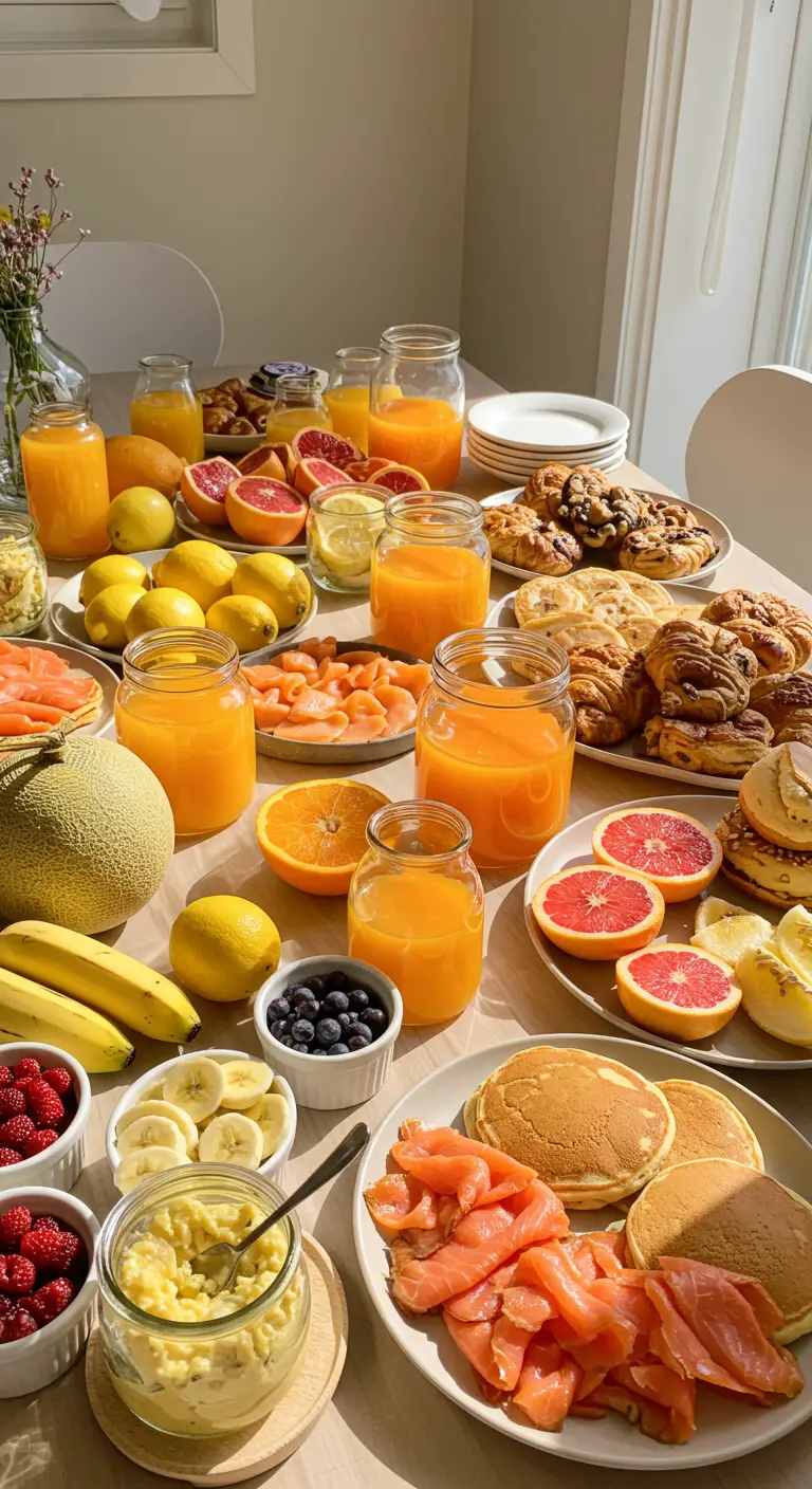 Zonnige brunchtafel vol met jus d'orange, fruit, zalm, pannenkoeken en croissants.