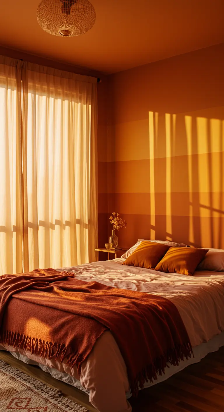Slaapkamer met een muur in oranje kleurverloop, lichte gordijnen en warm beddengoed.