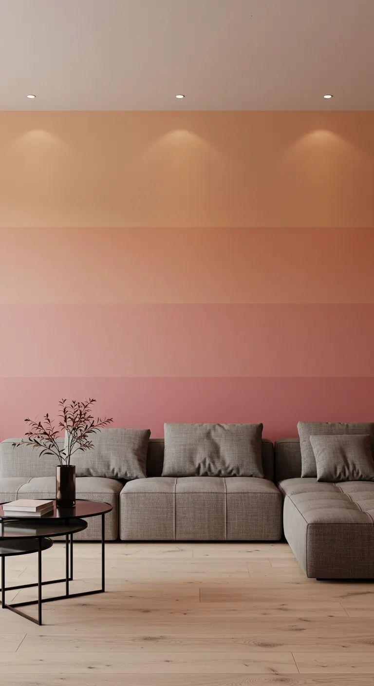 Grijze hoekbank voor een muur met een kleurverloop van perzik naar roze.